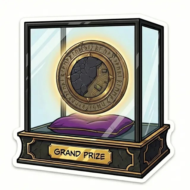 The cracked amulet in a glass case labelled Grand Prize.