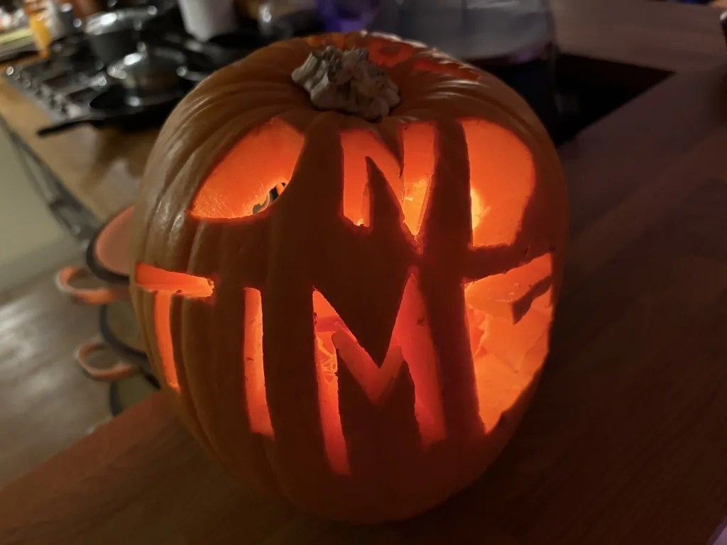 A carved, lit pumpkin.