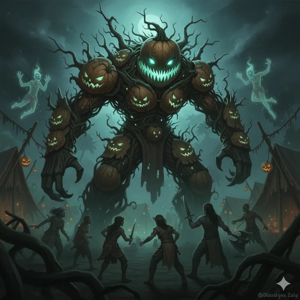 Art of a giant made of glowing jack-o-lanterns and roots, towering over a crowd.
