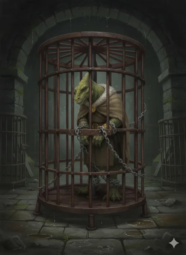 A lizardfolk prisoner in a cage.