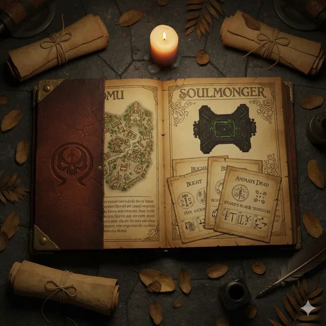 An open book of notes headed Soulmonger, beside a candle.