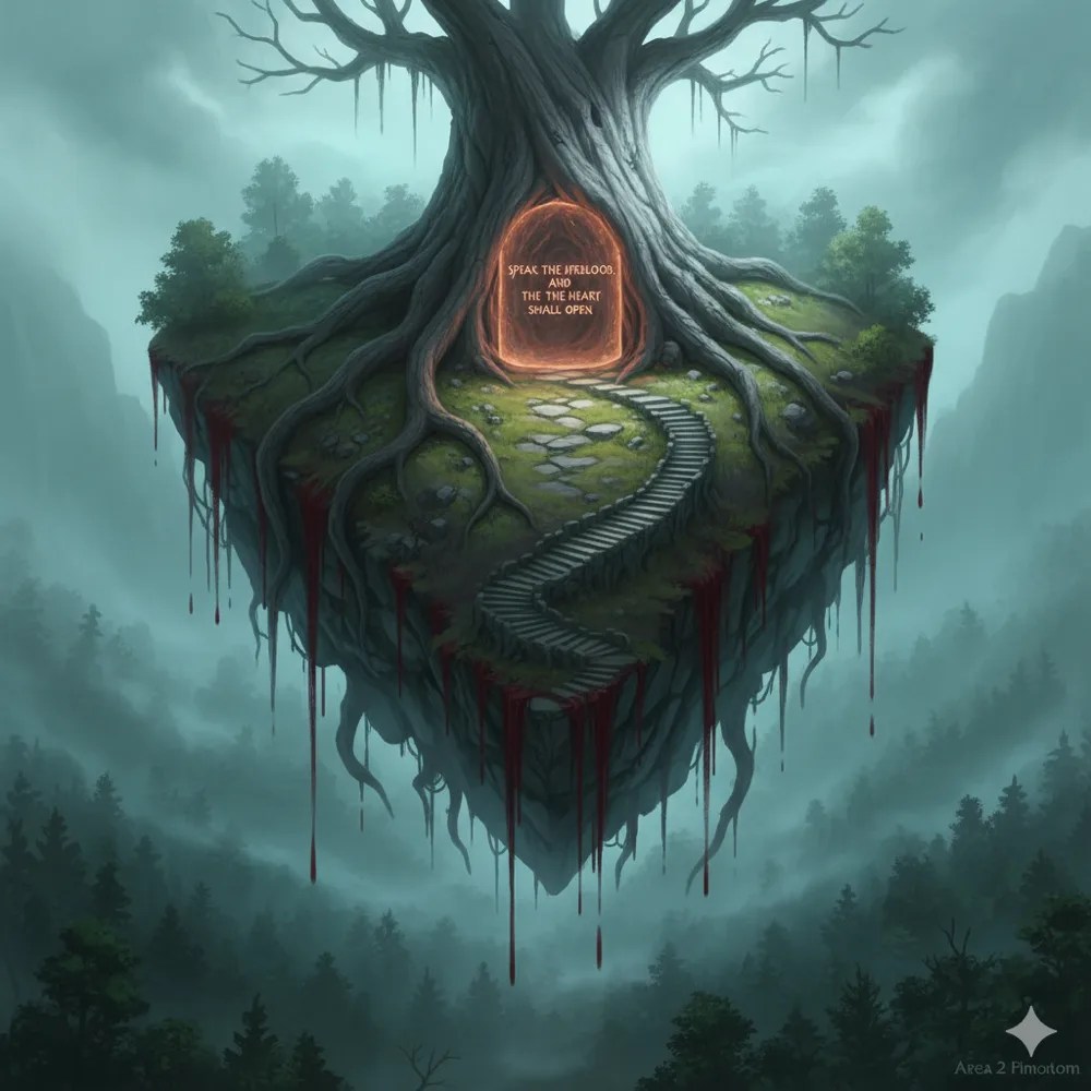 Art of a floating island in a misty jungle, carrying a huge tree with a carved door in its trunk.