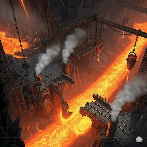 A bridge over lava between venting steam pipes.