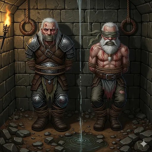 Two dwarves chained to a dungeon wall.