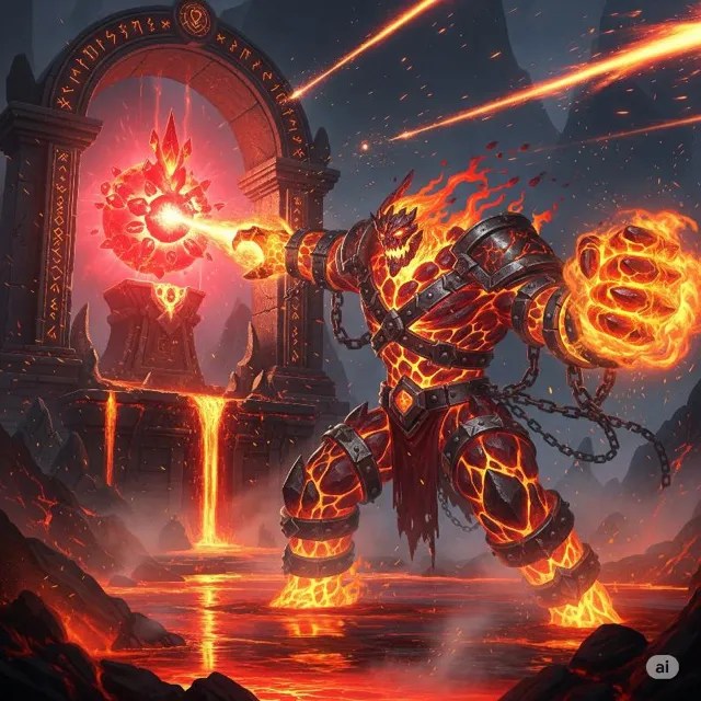 A fiery golem firing beams of flame.