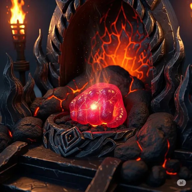 A glowing red gem in a forge of black rock.