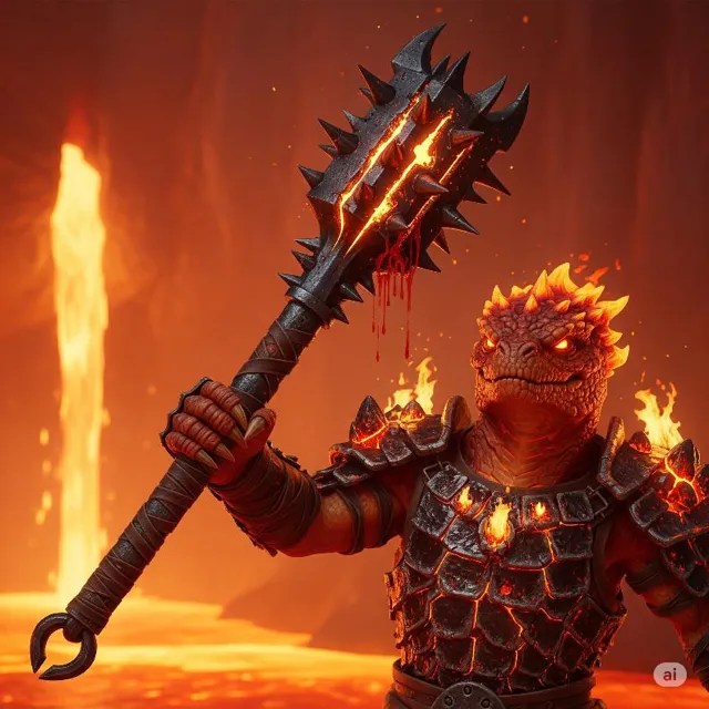 A firenewt in burning armour holding a spiked mace.