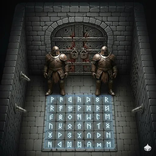 A treasury door guarded by armoured statues, with a floor of rune tiles.