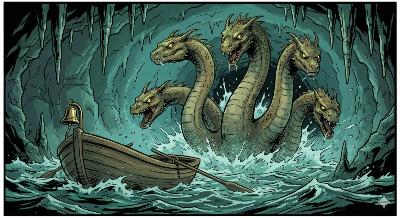 Comic-style art of a five-headed hydra rising out of the water beside a rowing boat in a cave.
