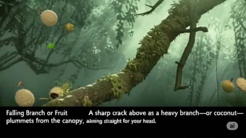 Fruit and a heavy branch falling from the canopy.
