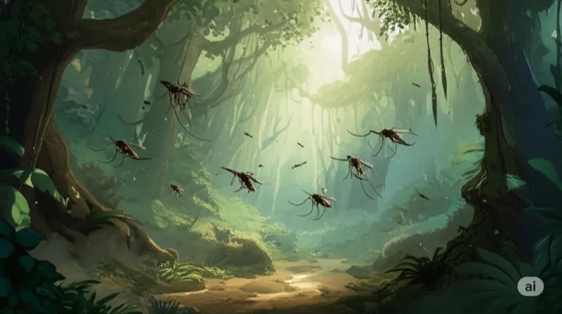 Insects swarming in a hazy jungle clearing.