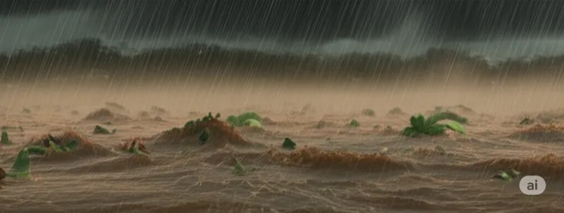 Heavy rain flooding a muddy plain.