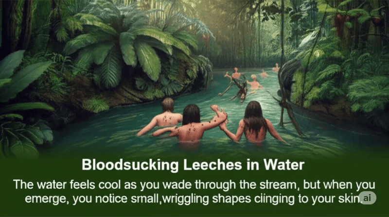 Adventurers wading through a jungle stream.