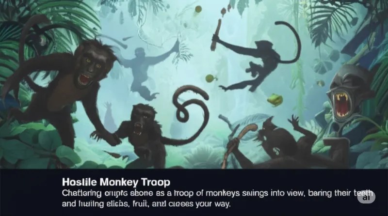 A troop of monkeys swinging down at the party.