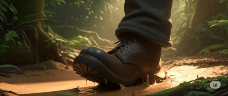A boot sinking into wet sand on the jungle floor.