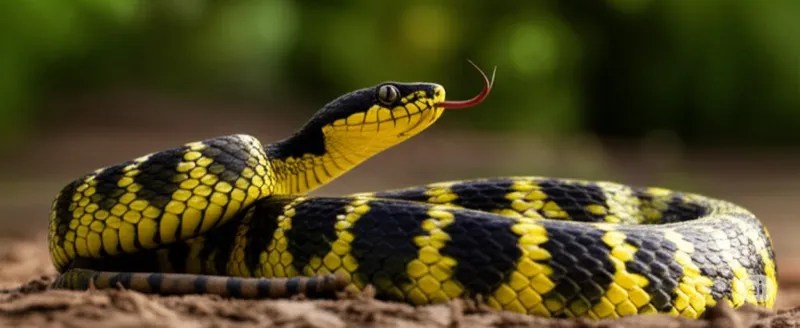 A yellow and black snake coiled on the ground.