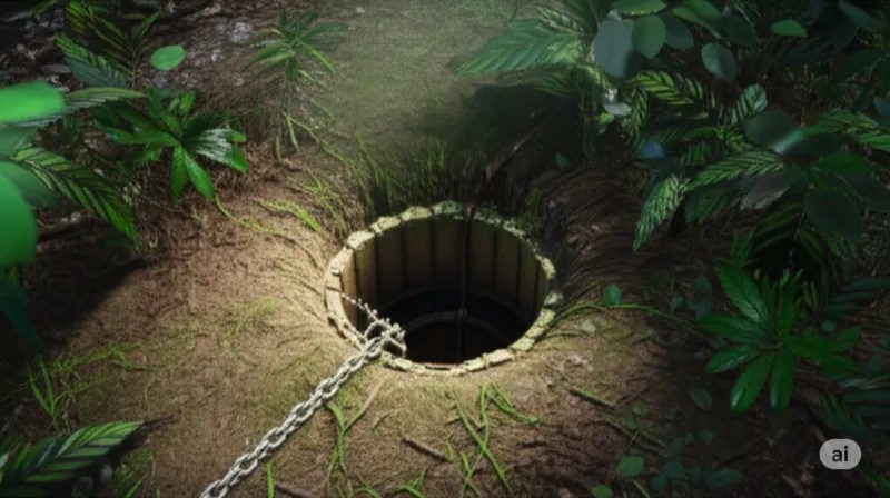 A pit trap with a chain at its edge, hidden in the undergrowth.