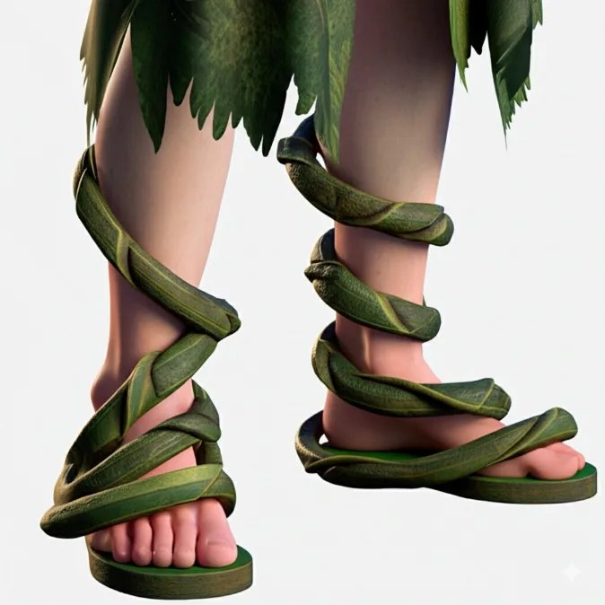 Sandals made from thick green vines coiled round the ankles.