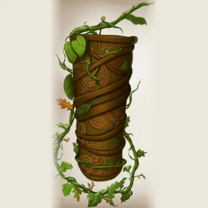 A carved wooden bracer wrapped in living vines and leaves.
