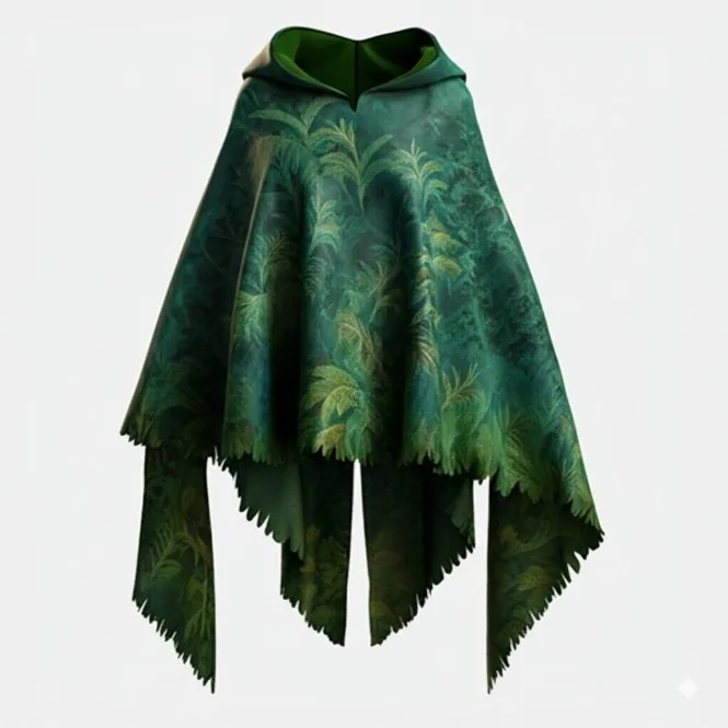 A hooded green cloak patterned with jungle leaves.