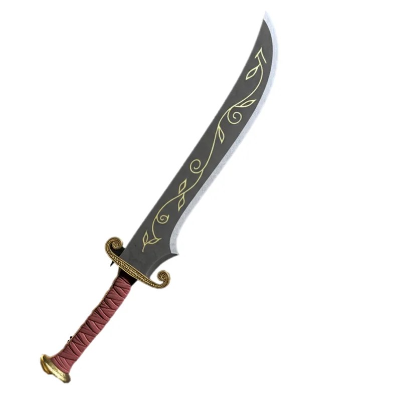 A curved, machete-like shortsword etched with golden vines, with a red leather grip.