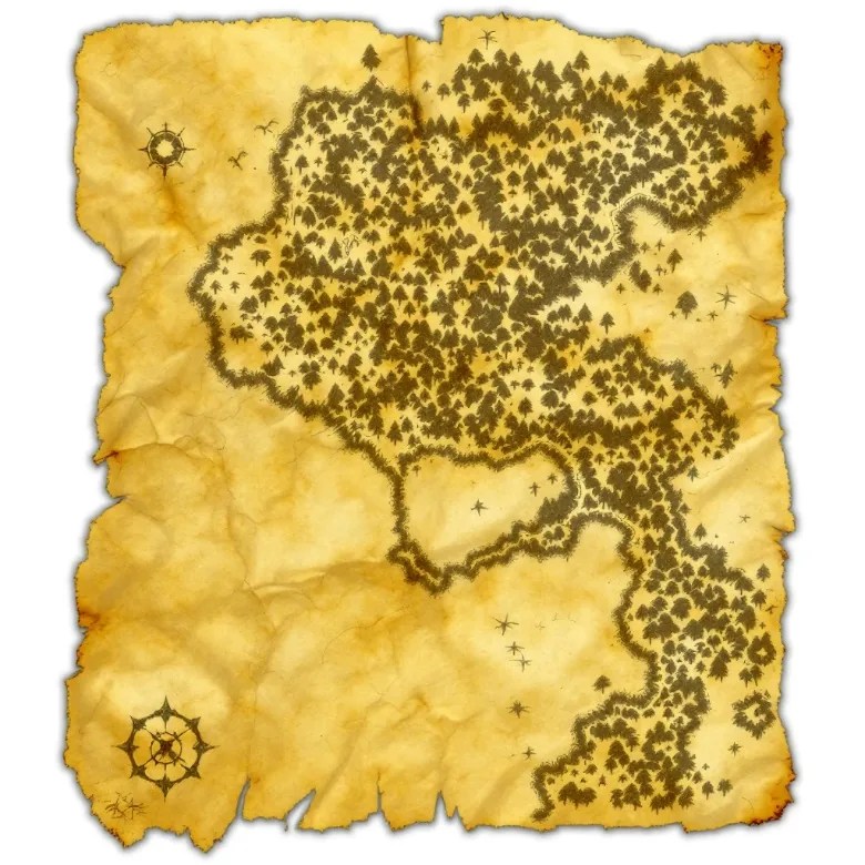 A torn, yellowed parchment map of dense jungle with a compass rose in the corner.