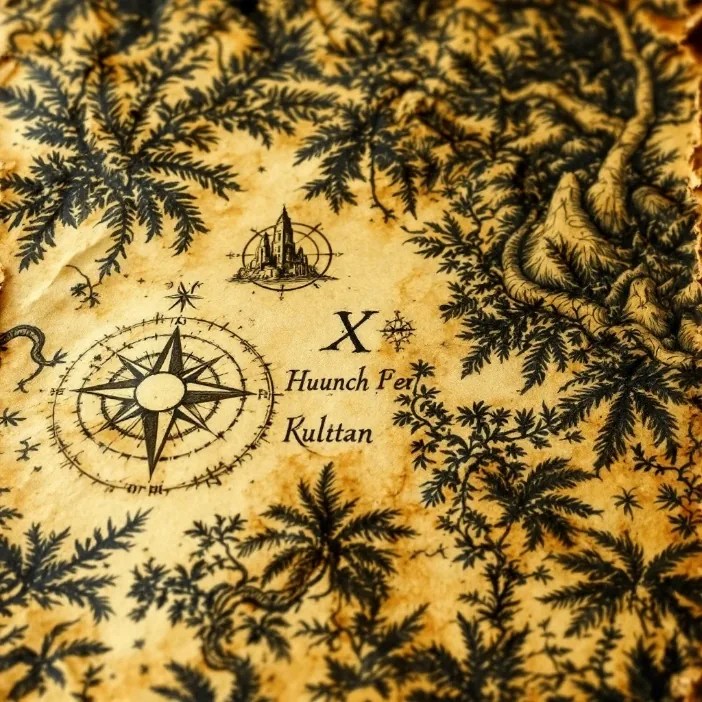 A close-up of an old jungle map with a compass rose, an X and the words Huunch Pet Kultan.