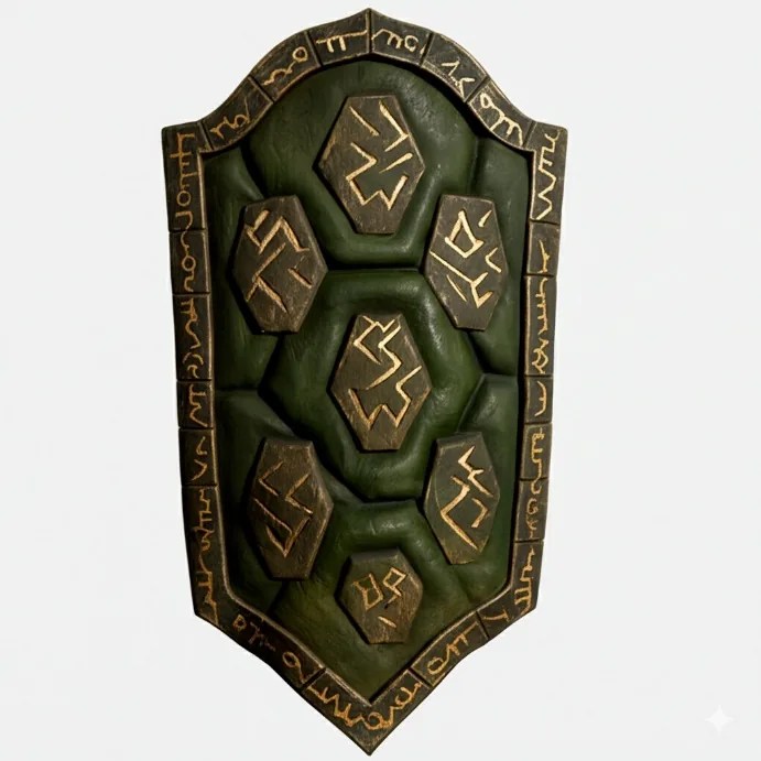 A shield made from a tortoise shell, carved with glowing runes.