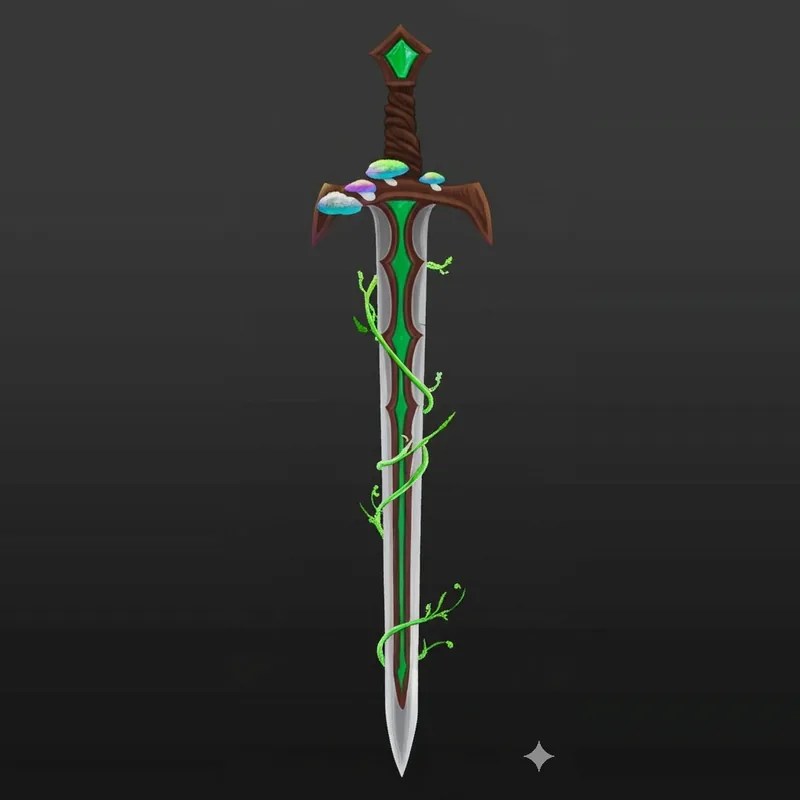 A longsword with a vine-wrapped green blade and mushrooms growing on the crossguard.