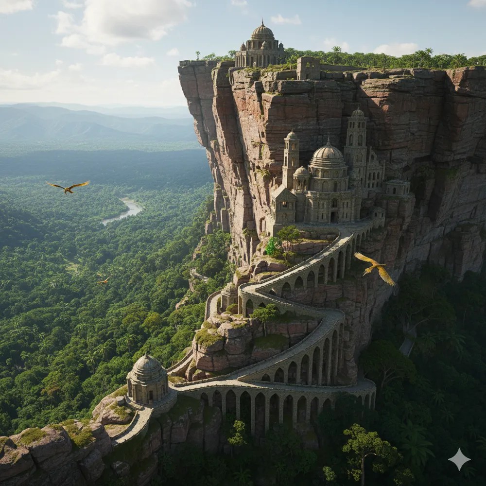 A monastery carved into a sheer cliff above the jungle, with a winding stair.