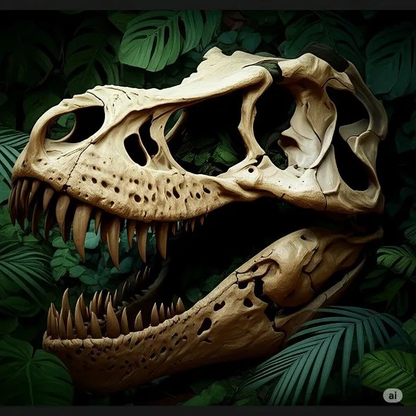 A huge tyrannosaurus skull in the jungle.