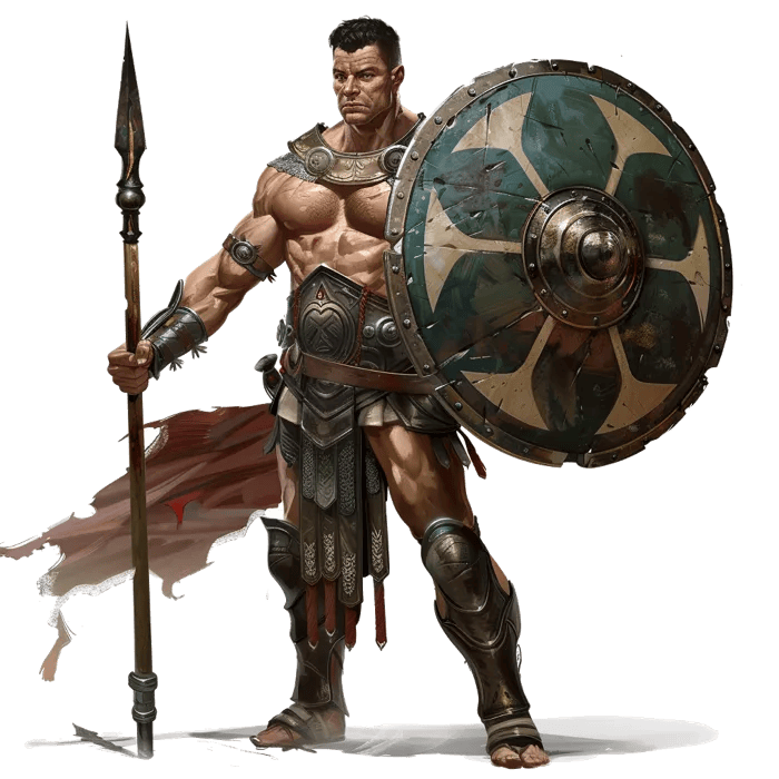 Paper mini art of a gladiator with a spear and a round shield.