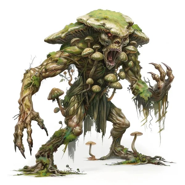 Paper mini art of a vegepygmy covered in moss and mushrooms.