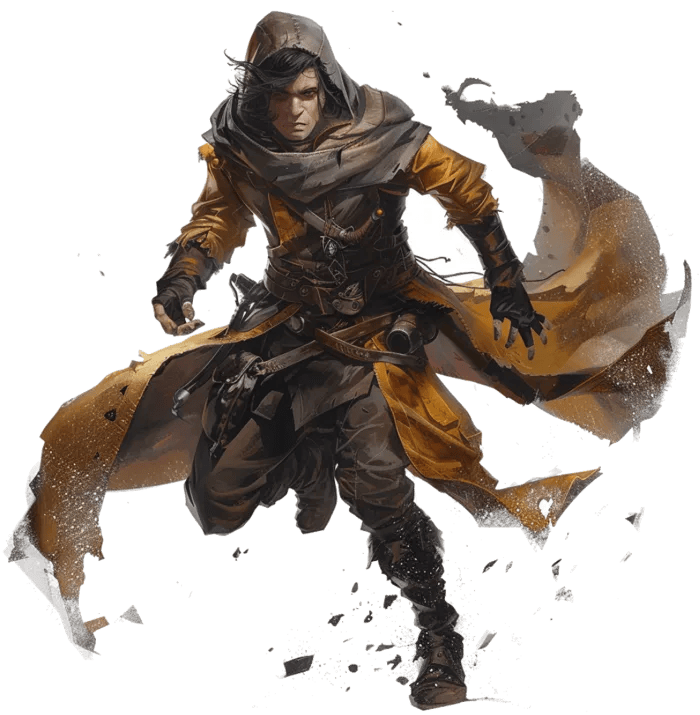 Paper mini art of a hooded rogue in a long coat.