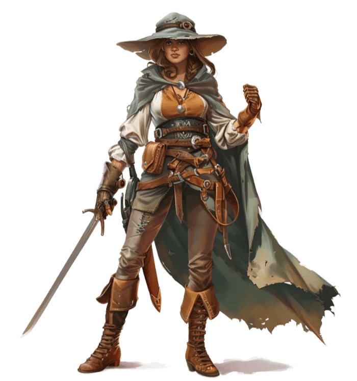 Paper mini art of a woman in a wide hat and cloak with a sword.