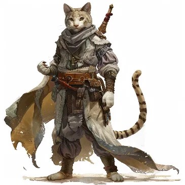 Paper mini art of a cloaked tabaxi with a sword.