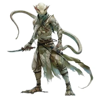 Paper mini art of a snake-headed yuan-ti with a curved blade.