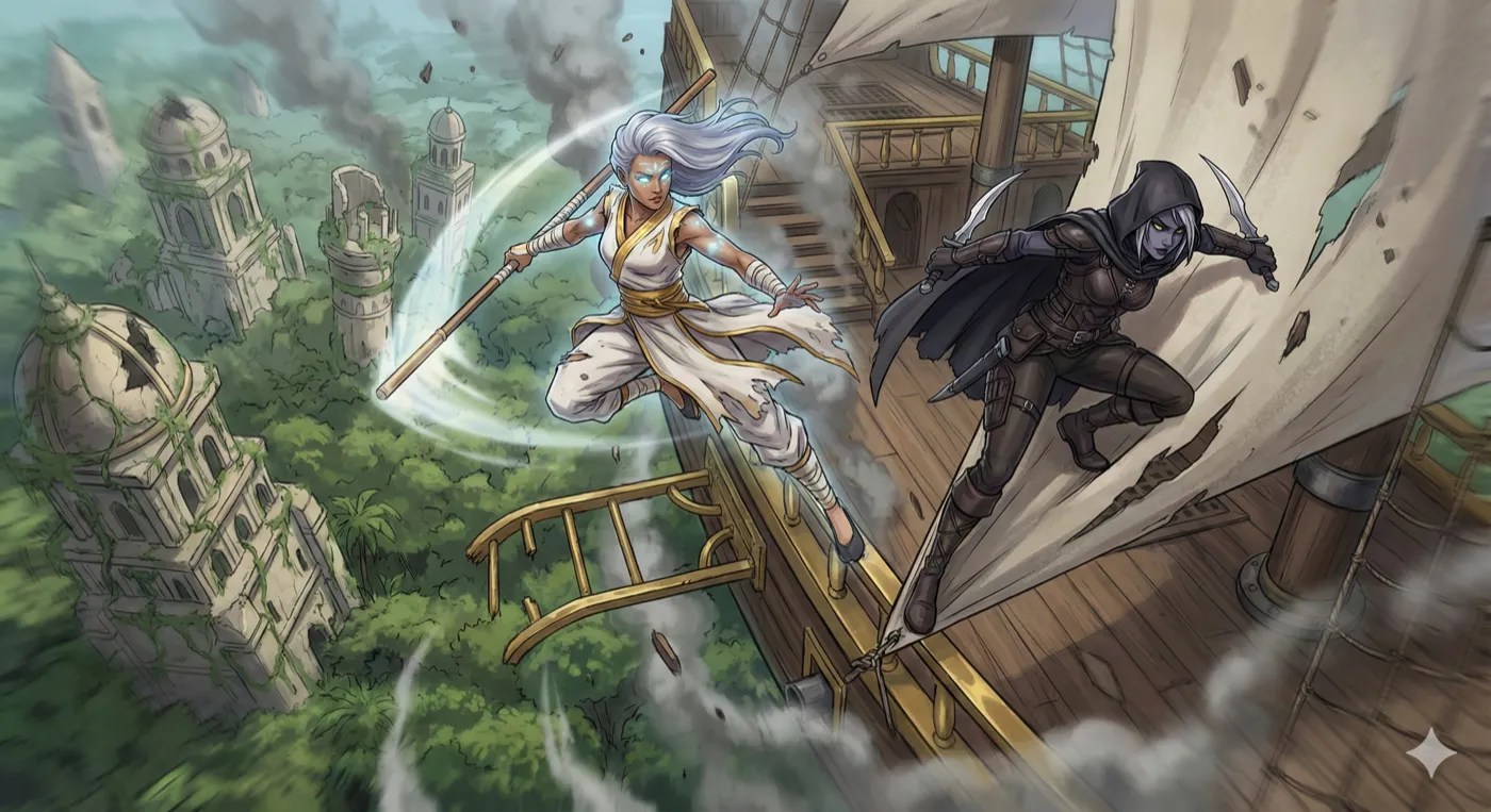 Two adventurers leaping from a crashing skyship as it breaks apart over the ruins.