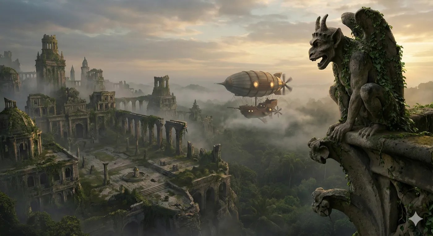 A stone gargoyle on a cliff edge above a ruined jungle city, with an airship flying in.