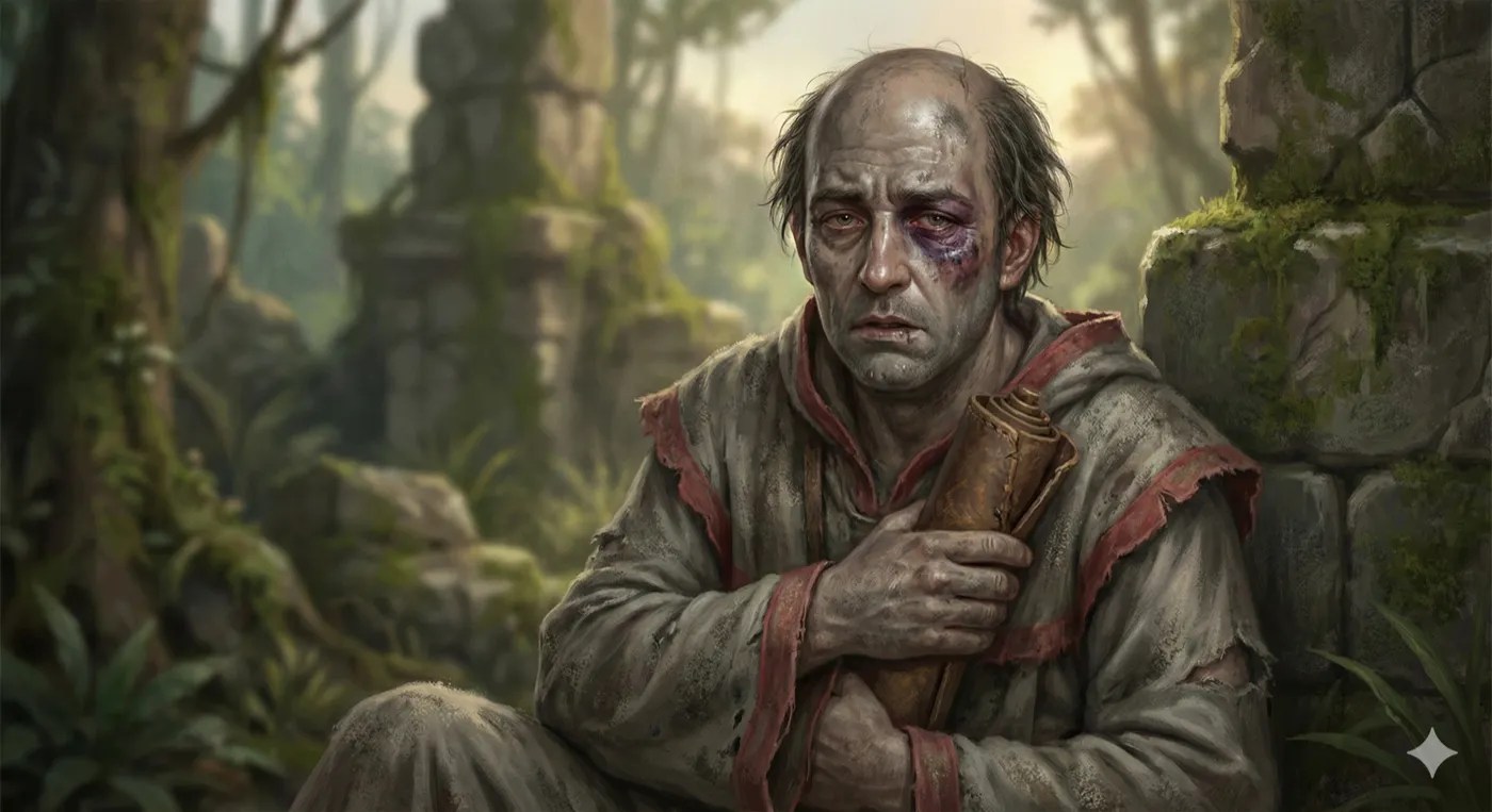 A bruised, exhausted man in dusty robes, clutching a scroll case among ruins.