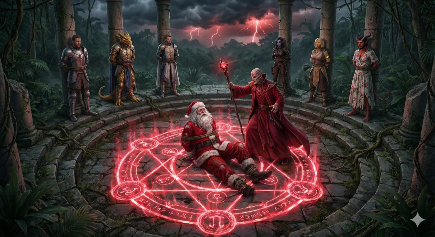 A Red Wizard standing over Grandfather Winter in a glowing red circle, with the party bound to the pillars around them.