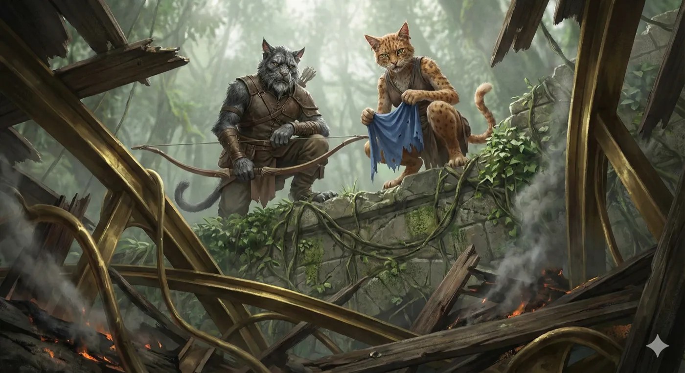Two tabaxi hunters, one grey and one ginger, perched on a wrecked frame in the jungle.