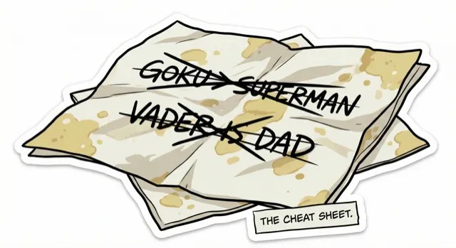 A crumpled cheat sheet of film spoilers.