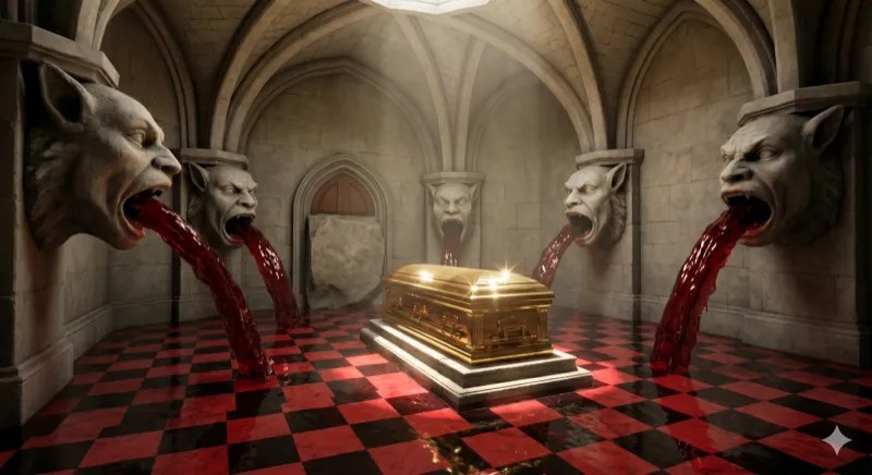 Blood pouring from the gargoyle mouths across the floor.