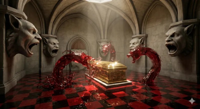Ribbons of blood rising and twisting towards the sarcophagus.