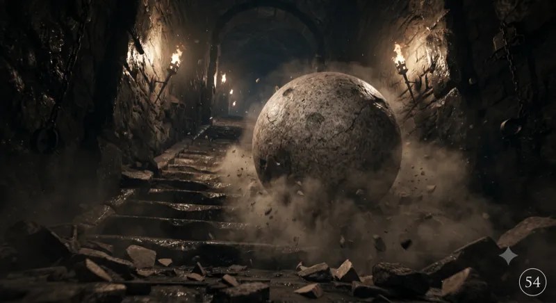 A huge boulder rolling down a stair.
