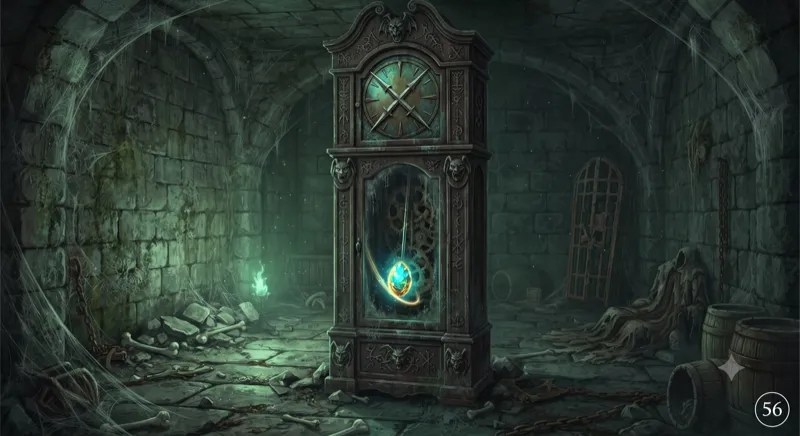 A grandfather clock in a ruined chamber.
