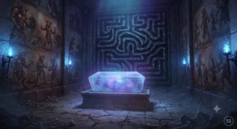 A crystal coffin in front of a maze carved into the wall.