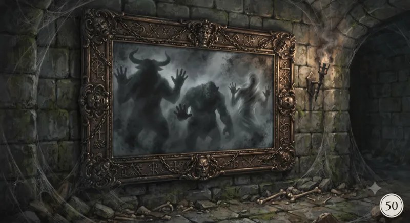 A painting of shadowy monsters in an ornate frame.