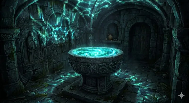 A glowing teal pool in a carved stone basin.